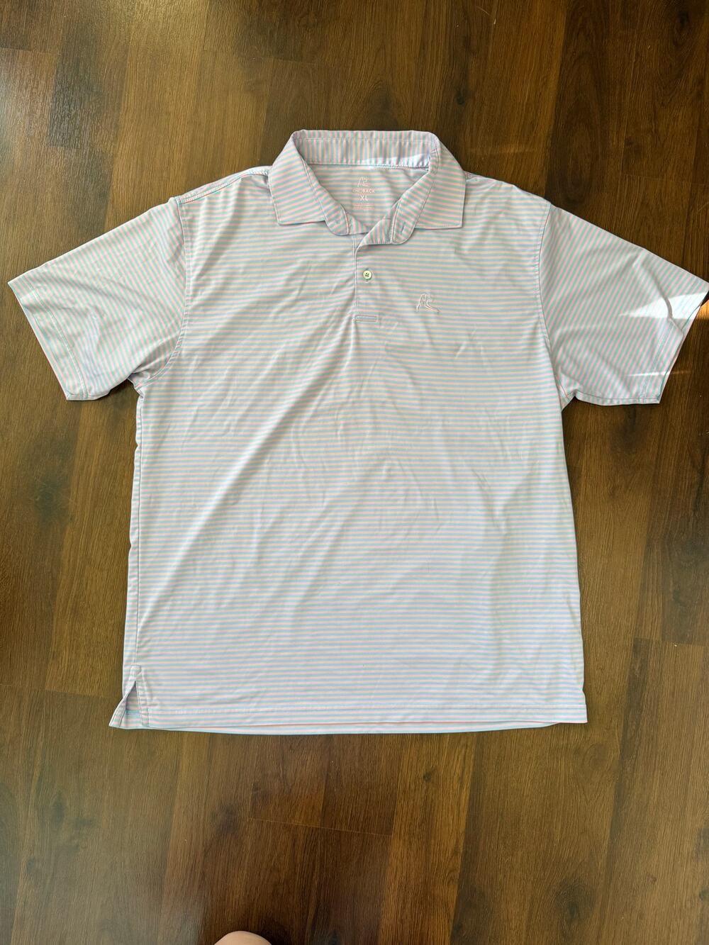 Rhoback The Birdie Stripe Performance Polo Sz XL Flamingo Pink Blue Golf Preppy